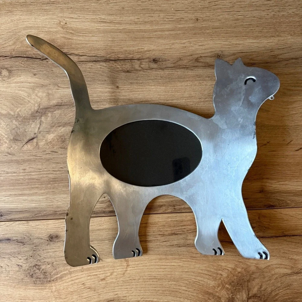 Vintage Brushed Metal Cat Shaped Picture Frame Silver Tone Minimalist Wall Art